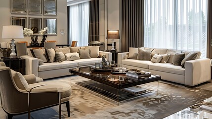 Fototapeta premium Stylish interior design of living room with modern furniture decoration and elegant accessories in home decor