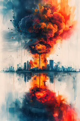 Fiery Aftermath of Uranium Utilization and Nuclear Energy Development Debate in Cinematic Urban Landscape