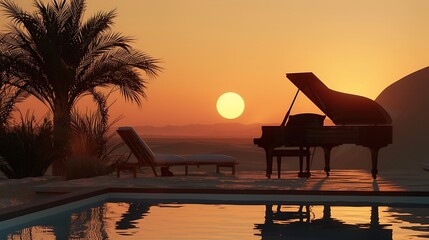 swimming pool and deck chair and piano in the desert at sunset