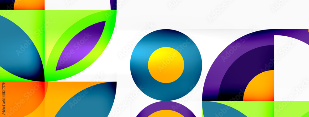 Poster A vibrant logo design featuring colorful circles and squares on a crisp white background, showcasing a mix of tints and shades creating a dynamic and artistic pattern