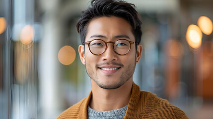 Portrait of Young Handsome Asian Man Smiling and Looking Away, Confidence and Charm, Positive Emotions, Generative Ai

