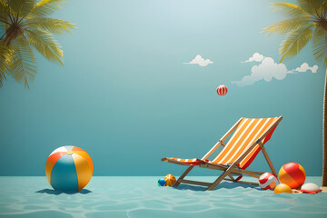 Summer photography design. Summer elements of the umbrella, beach chair, and floater beach ball in the minimalist color background for studio decoration. Vector illustration
