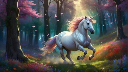 A mysterious unicorn galloping through a lovely forest full of glittering flowers and trees, with a mane and coat the color of the rainbow.