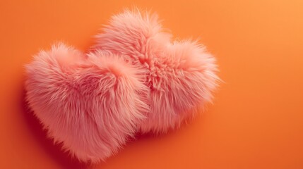 Two fluffy pink fur hearts isolated on orange background
