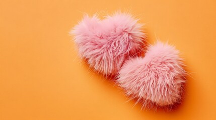 Two fluffy pink fur hearts isolated on orange background