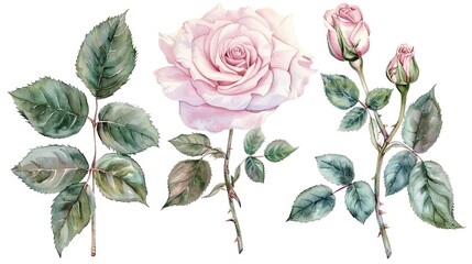 flower and leaves with watercolor assets on a white background,flower and nature motifs