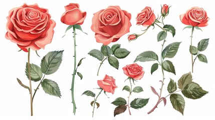 flower and leaves with watercolor assets on a white background,flower and nature motifs