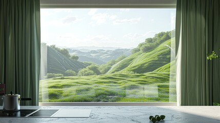 A room with green grass outside the window
