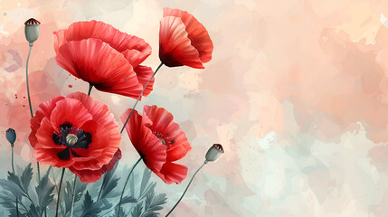Red Poppy Flowers on Light Pastel Background, Watercolor Floral Artwork, Botanical Illustration, Spring Blooms, Generative Ai

