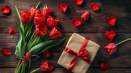 Valentines gift with tulip bouquet and gift