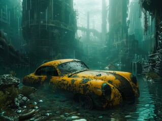 A haunting scene of a post-apocalyptic city with a yellow car submerged in water under foggy, eerie ruins.
