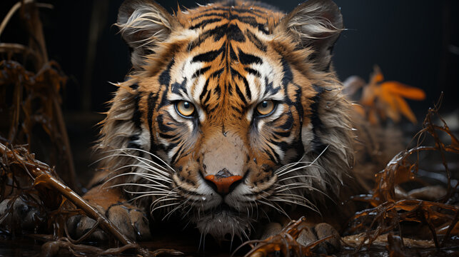 Step into the wilderness and encounter the awe-inspiring beauty of a tigar up close, its magnificent stature and mesmerizing gaze drawing you into a world of untamed wonder