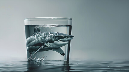 Shark in Glass of Water, Underwater Predator Swimming in Transparent Drink, Marine Life Simulation,...