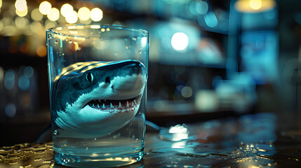 Shark Swimming in Glass of Water, Ocean Predator in Unusual Environment, Underwater Adventure,...