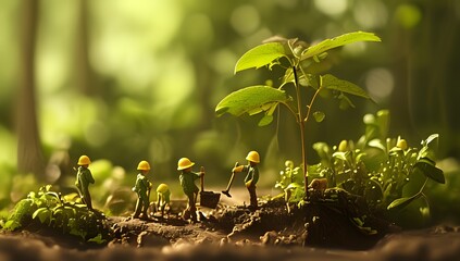  Environmental Care: Miniature Toy Figures Planting Trees in LEGO Forest