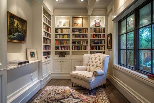 A cozy reading corner with built-in bookshelves, plush armchair, and soft lighting, inviting readers to immerse themselves, Generative AI