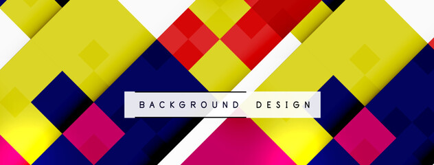 A vibrant background design featuring colorful rectangles and triangles in shades of red and magenta, creating a symmetrical and artistic display