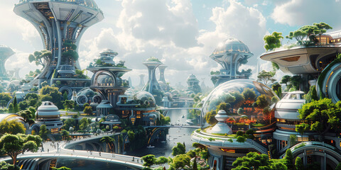Metropolis where the Hanging Gardens of Babylon are reimagined as suspended bio-domes, housing vibrant ecosystems thriving amidst towering skyscrapers and floating gardens