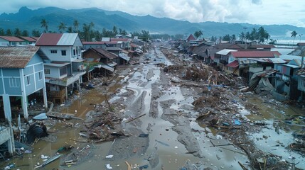 the aftermath of a severe storm in a coastal town focusing on the community rebuilding efforts and strengthened flood defenses