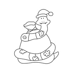 Cute snake in a hat with a bag of gifts in doodle style. Winter vector illustration on isolated background. 