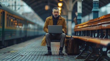 Full length of businessMan with laptop sitting on bench while waiting at railroad station
