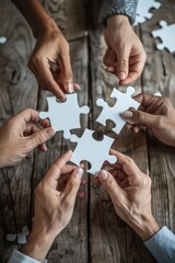 diverse business people holding white puzzle pieces together