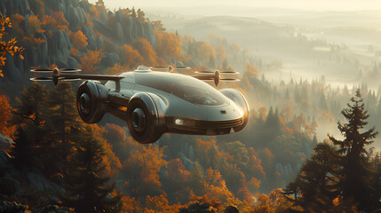 Sports Flying Car Hovering over Landscape, Futuristic Transport Concept, Urban Mobility Innovation, Generative Ai

