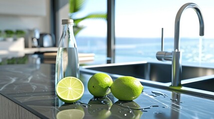 Water and fresh lime slices on luxury kitchen counter with ocean view