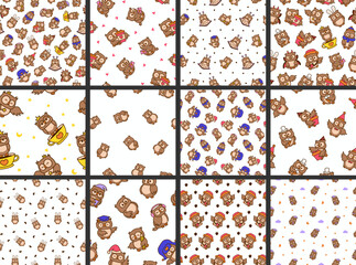 Cartoon happy owl characters. Seamless pattern. Cute kawaii forest birds. Hand drawn style. Vector drawing. Collection of design ornaments.