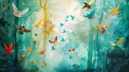 watercolor painting of colorful birds and butterflies in a forest of light turquoise and gold
