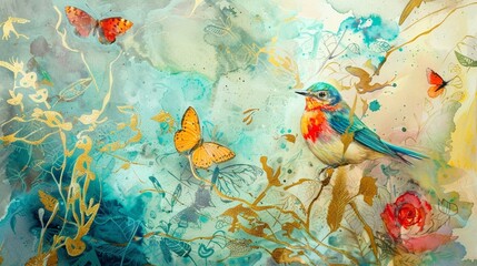 watercolor painting of colorful birds and butterflies in a forest of light turquoise and gold