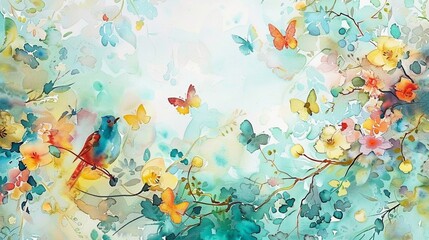 watercolor painting of colorful birds and butterflies in a forest of light turquoise and gold