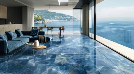 Fototapeta premium Modern residential, hotel, and homestay interior spaces:Blue Swimming Pool Ocean Landscape