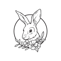 Black outline head rabbit and flowers on white background. Graphic drawing. Vector illustration.