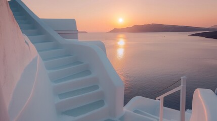 White architecture in Santorini island, Greece. Beautiful sea view at sunset.