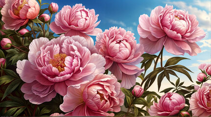 A vibrant painting of pink peonies floating in the sky, showcasing their delicate beauty and adding a touch of serenity to the scene.