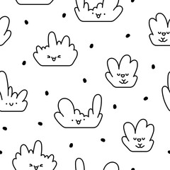 Kawaii cute lawn bush. Seamless pattern. Coloring Page. Cartoon plant grass character. Hand drawn style. Vector drawing. Design ornaments.