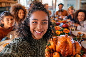 Young woman takes festive selfie with multi-generational family at Thanksgiving dinner, joyous holiday gathering