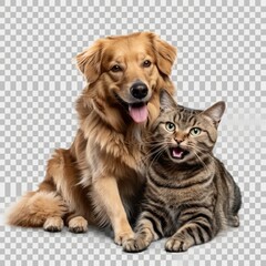 Portrait of Happy dog and cat that looking at the camera together isolated on transparent background, 