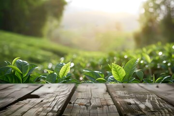 Wooden pedestal in morning light at tea plantation, pure and fresh ambiance, offering copy space for product display, with blurred tea leaves and sun rays