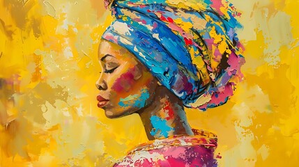 Obraz premium portrait of an African woman with a bold and colorful headwrap. adorned with vibrant splashes of paint, a strong sense of culture, artistry, and individuality.