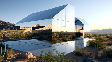 A futuristic cubic house with a mirrored exterior reflecting the desert surroundings.
