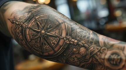 A compass tattoo on the forearm