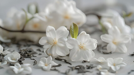 White Tea Flowers on a White Background, Elegant Floral Arrangement for Design Projects, Botanical Beauty, Generative Ai


