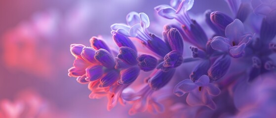 Neon Serenity: Macro capture of a lavender flower enveloped in soft neon light, radiating a sense of calm and serenity.