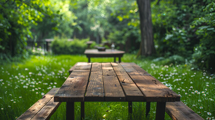 Wooden Table in Garden with Green Plants, Outdoor Furniture for Relaxation and Leisure Time, Nature Relaxation Scene, Generative Ai


