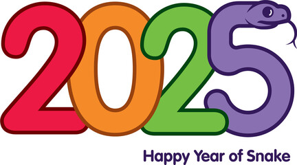 Colourful 2025 Happy New Year with snake zodiac symbol. Year of snake lunar chinese new year greeting concept