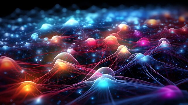 Quantum entanglement  Closeup view of particles visualized in a quantum entanglement experiment representing the linking of quantum states with a digital binary as object tone in a