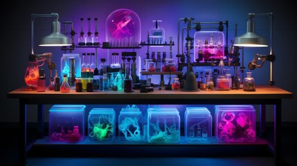 UV  A scientific setup demonstrating UV lights effect on chemical compounds front view showcasing experimental science with a technology tone in a vivid color palette