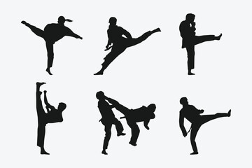set of silhouettes of martial arts taekwondo with different action, pose. isolated on white background. vector illustration.
